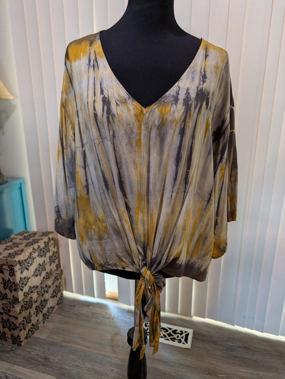 Hashtag Gold and Grey Tie Dye Tie Front Boho Blouse